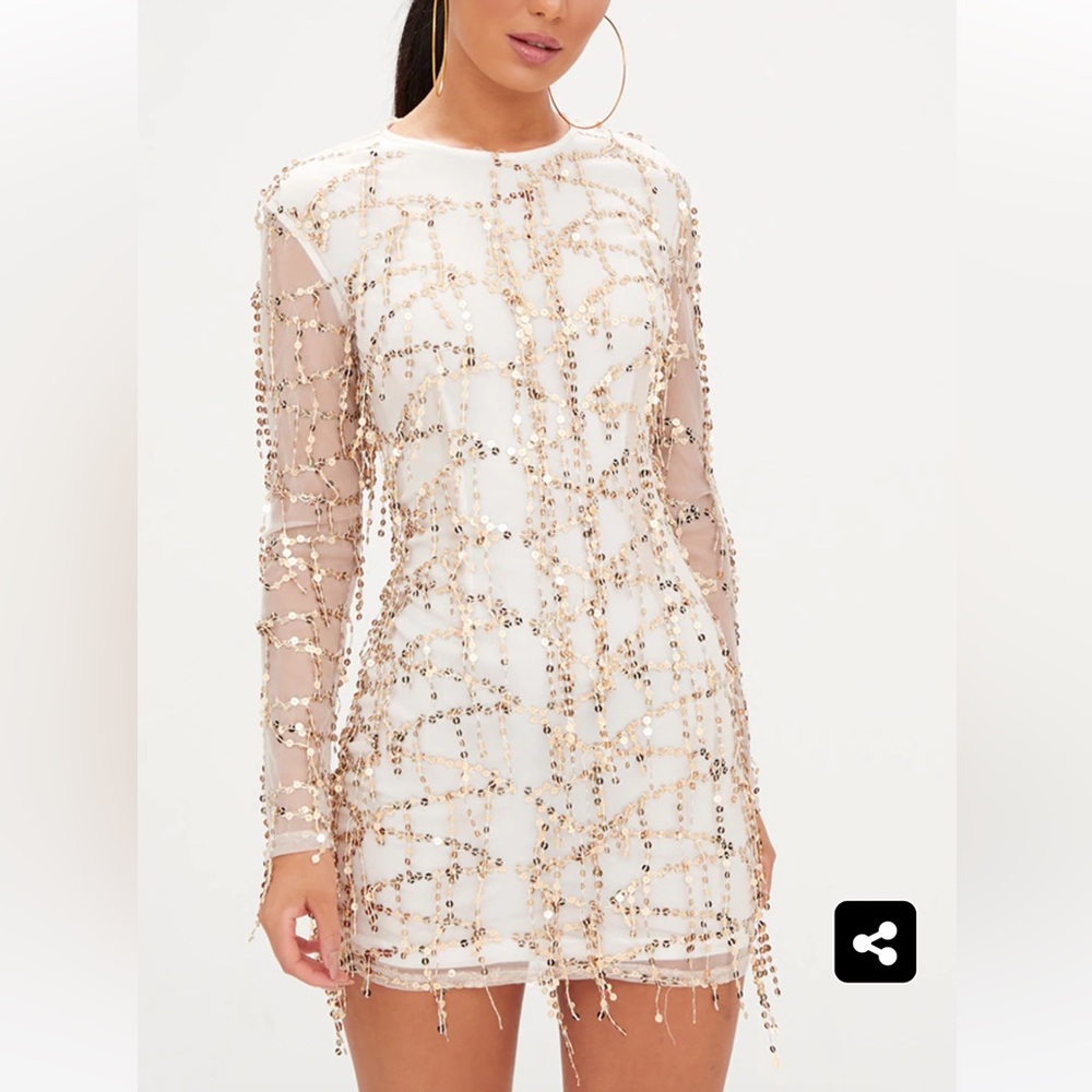 Rose Gold Sequin Detail Long Sleeve Bodycon Dress